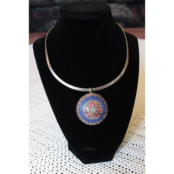 Vintage Mosaic Multicolor Pendant & necklace Handmade Ethnic Bohemian tribal - Picture 11 of 11